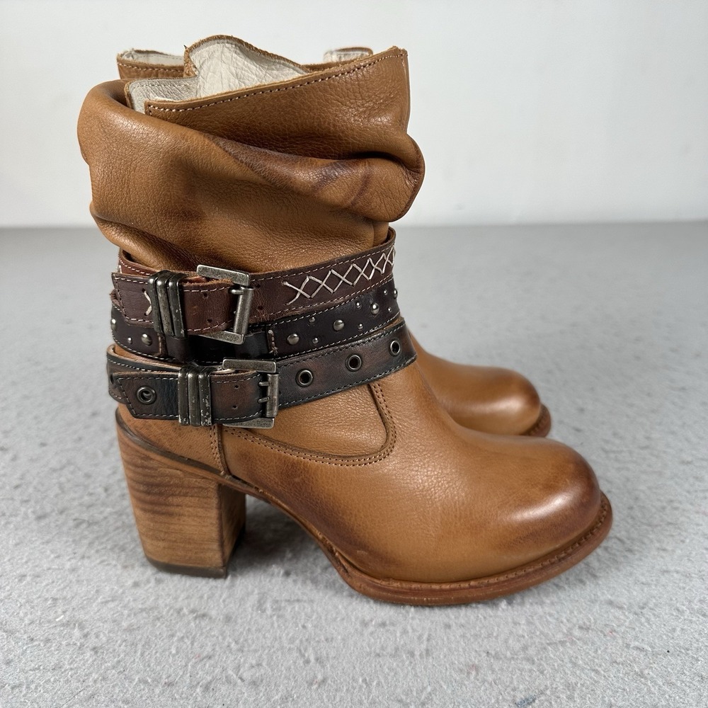 Freebird By Steven Blaine Slouch Ankle Boots Buckle Heel Brown Women's 7 - Picture 1 of 16